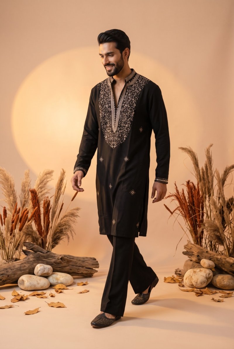 Black Outluk Wedding Vol 62 Lachaka Mens Kurta With Bottom W6204.